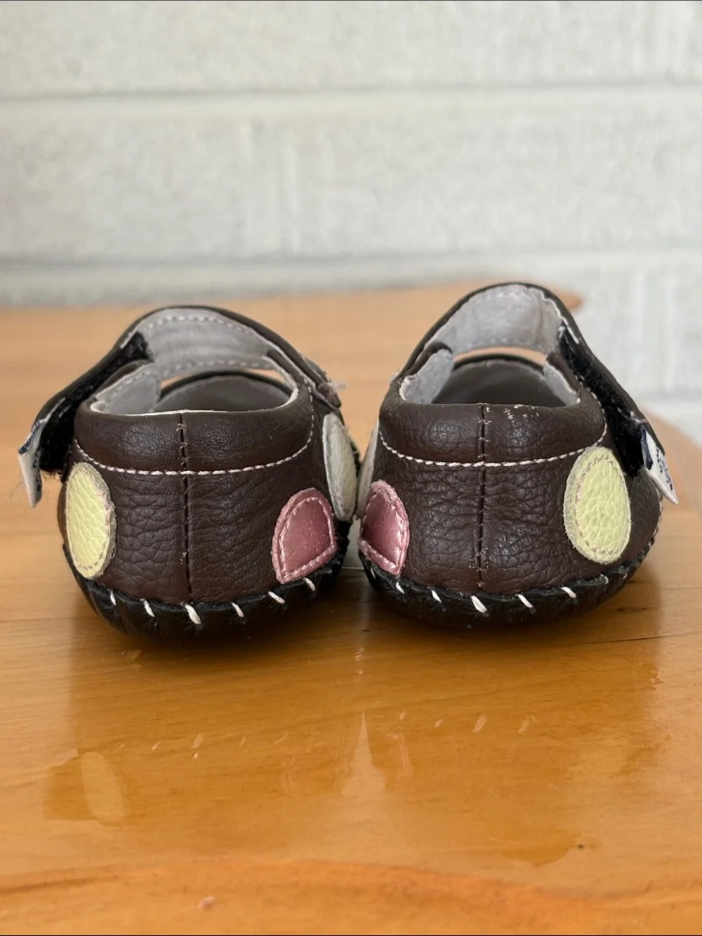 Pediped Baby Girl Faux Leather Polka Dot Brown Pink Soft Mary Jane Shoes 0-6 mo